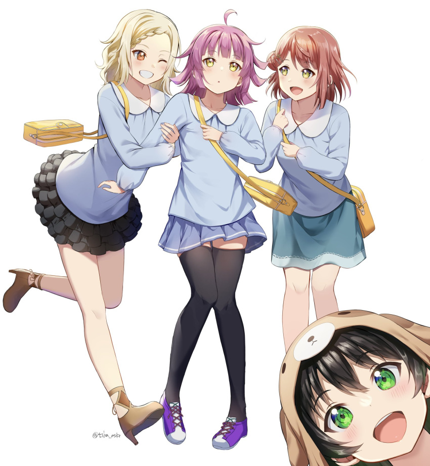 4girls :d arm_hug bag black_legwear blonde_hair blue_shirt blush full_body highres kindergarten_uniform kotori_photobomb long_sleeves looking_at_another love_live! love_live!_nijigasaki_high_school_idol_club mia_(fai1510) miniskirt miyashita_ai orange_hair photobomb pink_hair school_bag shirt simple_background skirt smile takasaki_yuu tennouji_rina thigh-highs uehara_ayumu white_background yellow_bag