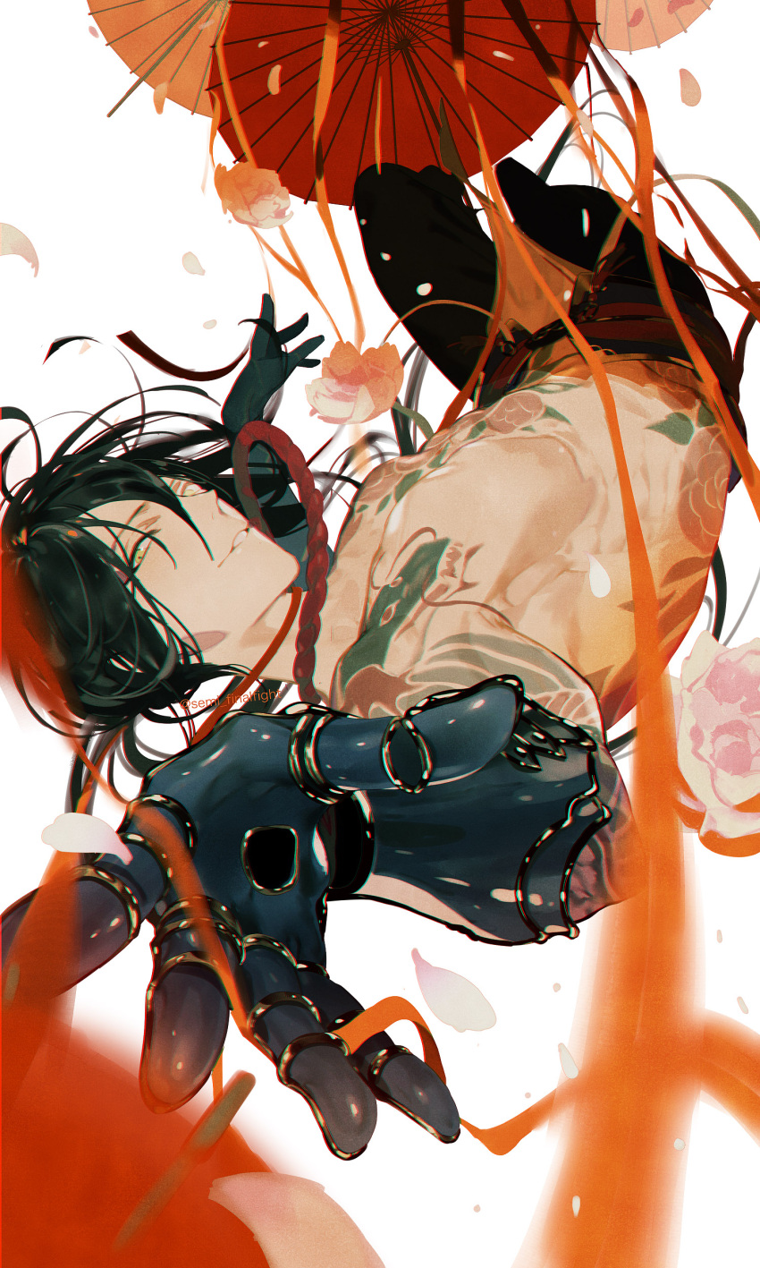 1boy absurdres bangs black_hair commentary_request fate/grand_order fate_(series) gauntlets green_eyes hair_between_eyes highres long_hair looking_at_viewer male_focus open_mouth pants ponytail semi_finalfight smile solo tattoo very_long_hair yan_qing_(fate)
