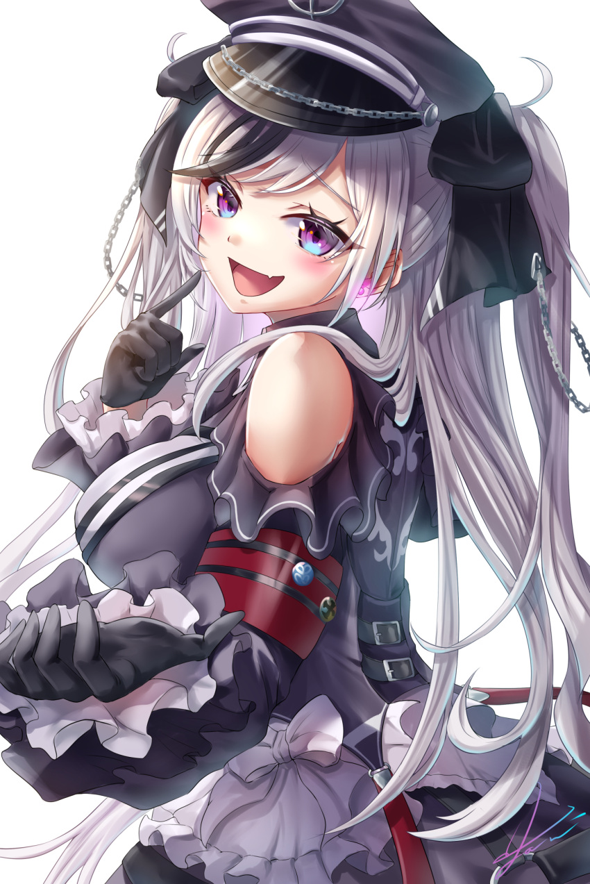 1girl azur_lane bare_shoulders black_dress black_gloves black_hair black_headwear breasts clothing_cutout dress ear_piercing elbe_(azur_lane) fang frilled_dress frills from_side gloves hat highres layered_dress looking_at_viewer looking_to_the_side medium_breasts multicolored_hair open_mouth peaked_cap piercing shoulder_cutout silver_hair simple_background skin_fang solo streaked_hair two-tone_hair violet_eyes white_background yam_(yam6056)