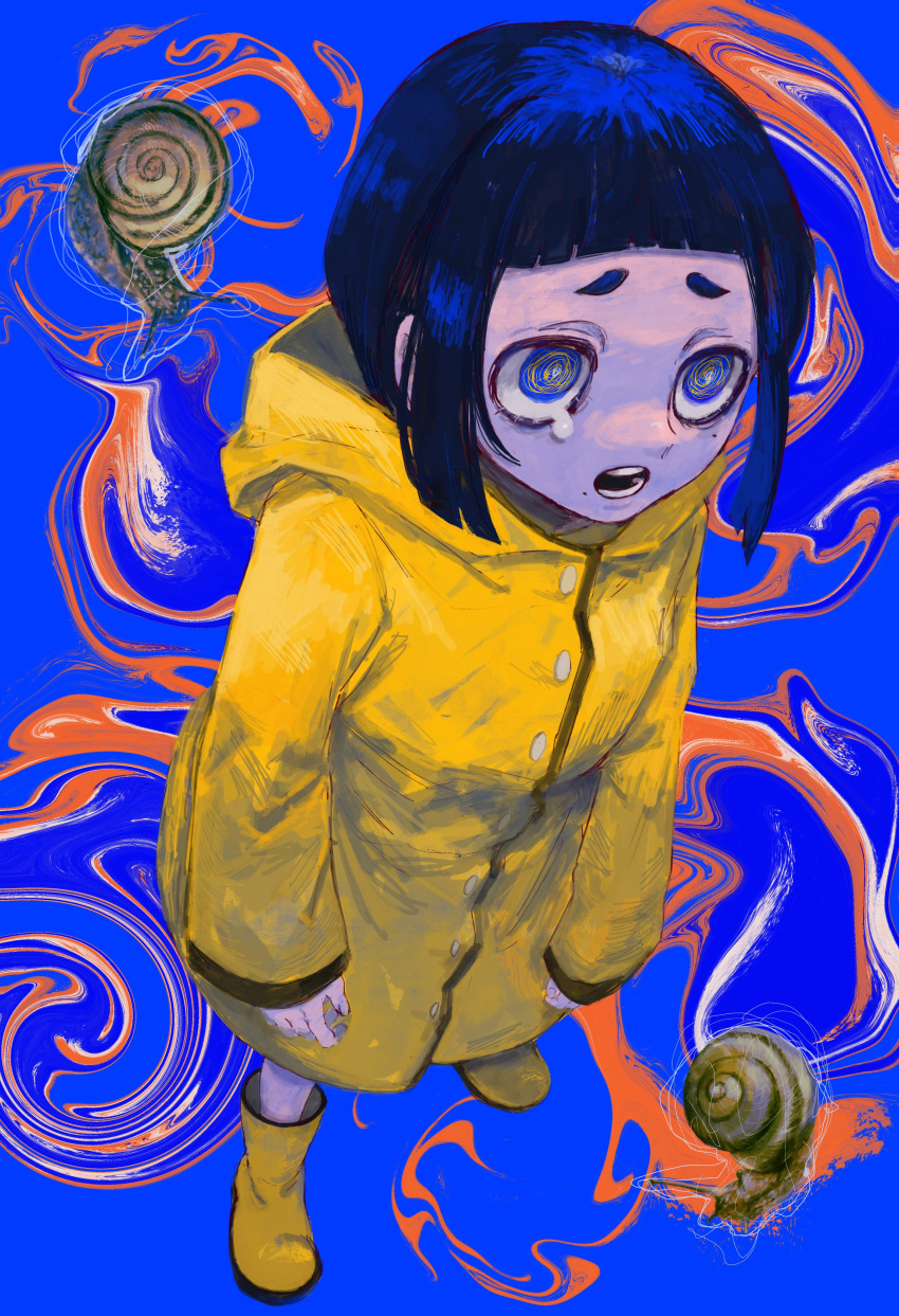 1girl @_@ absurdres ankle_boots bangs black_hair blue_eyes blunt_bangs boots foreshortening full_body highres mole mole_under_eye mole_under_mouth open_mouth short_hair sidelocks snail solo standing teardrop teeth thick_eyebrows yellow_footwear zapi_(ri3cv)