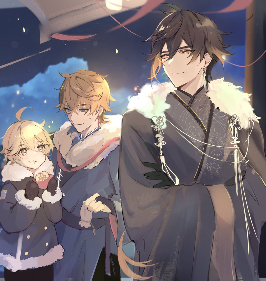 3boys :t aether_(genshin_impact) ahoge alternate_costume bangs black_gloves black_hair blonde_hair blue_eyes chinese_clothes closed_mouth clouds crossed_arms earrings eating food food_on_face fur_collar fur_trim genshin_impact gloves gradient_hair gumilkx hair_between_eyes highres holding holding_food jewelry long_sleeves male_focus multicolored_hair multiple_boys night orange_hair outdoors parted_lips single_earring sky sweat tartaglia_(genshin_impact) wide_sleeves yellow_eyes zhongli_(genshin_impact)