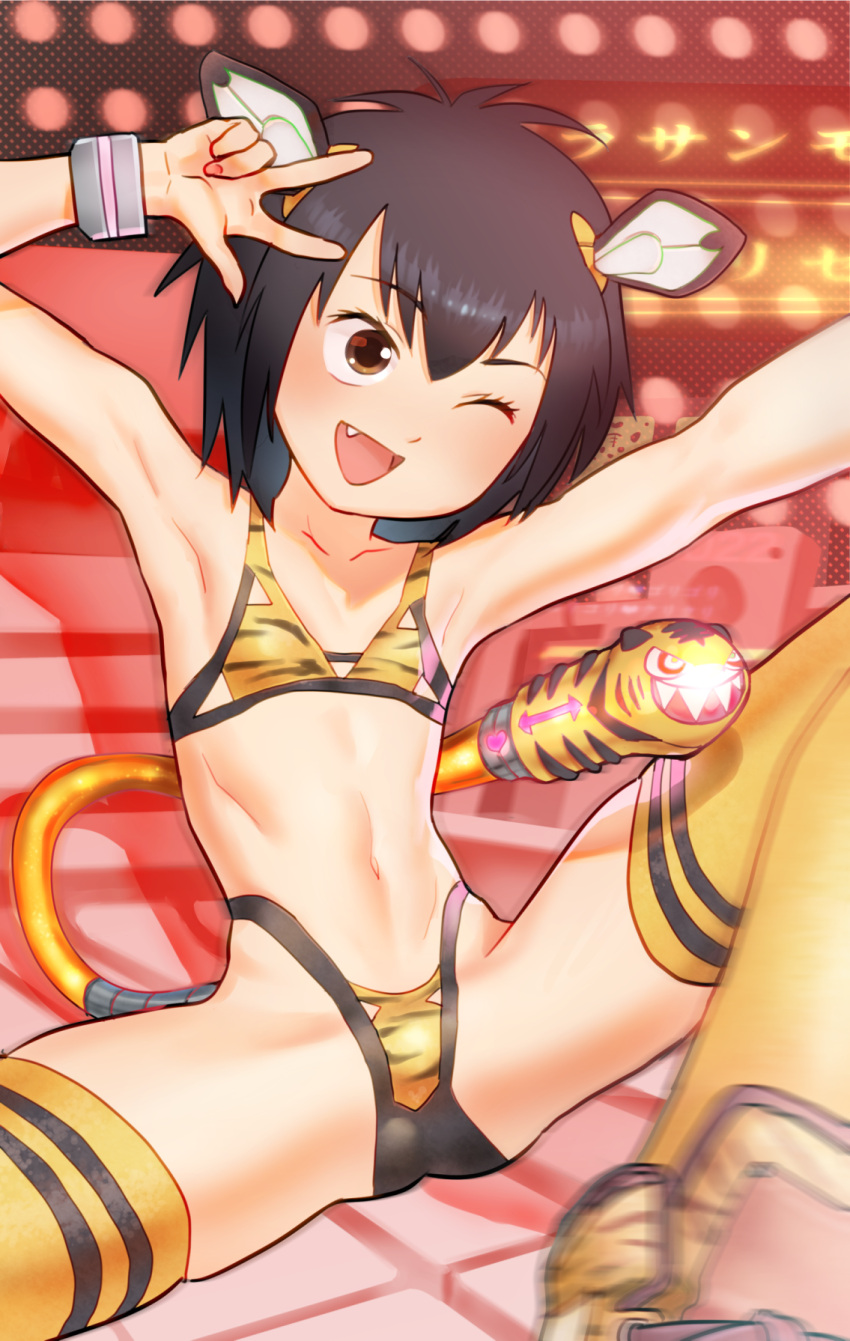 1girl :d animal_ears animal_print armpits arms_up bangs bikini black_hair brown_eyes chinese_zodiac commentary eyebrows_visible_through_hair eyelashes fake_animal_ears fang flat_chest hair_between_eyes halftone halftone_background highres kaze_fukeba_nanashi knee_up marvel midriff navel one_eye_closed open_mouth orange_bikini orange_legwear peni_parker reaching_out robot_ears salute short_hair sitting smile solo spider-man:_into_the_spider-verse spider-man_(series) spread_legs swimsuit tail textless tiger_ears tiger_print v v-shaped_eyebrows year_of_the_tiger