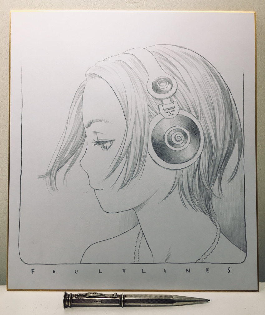 1girl bare_shoulders border closed_mouth english_text floating_hair graphite_(medium) greyscale half-closed_eyes headphones highres jewelry looking_away looking_down looking_to_the_side mechanical_pencil monochrome murata_range necklace original pencil photo_(medium) portrait profile shikishi short_hair solo traditional_media