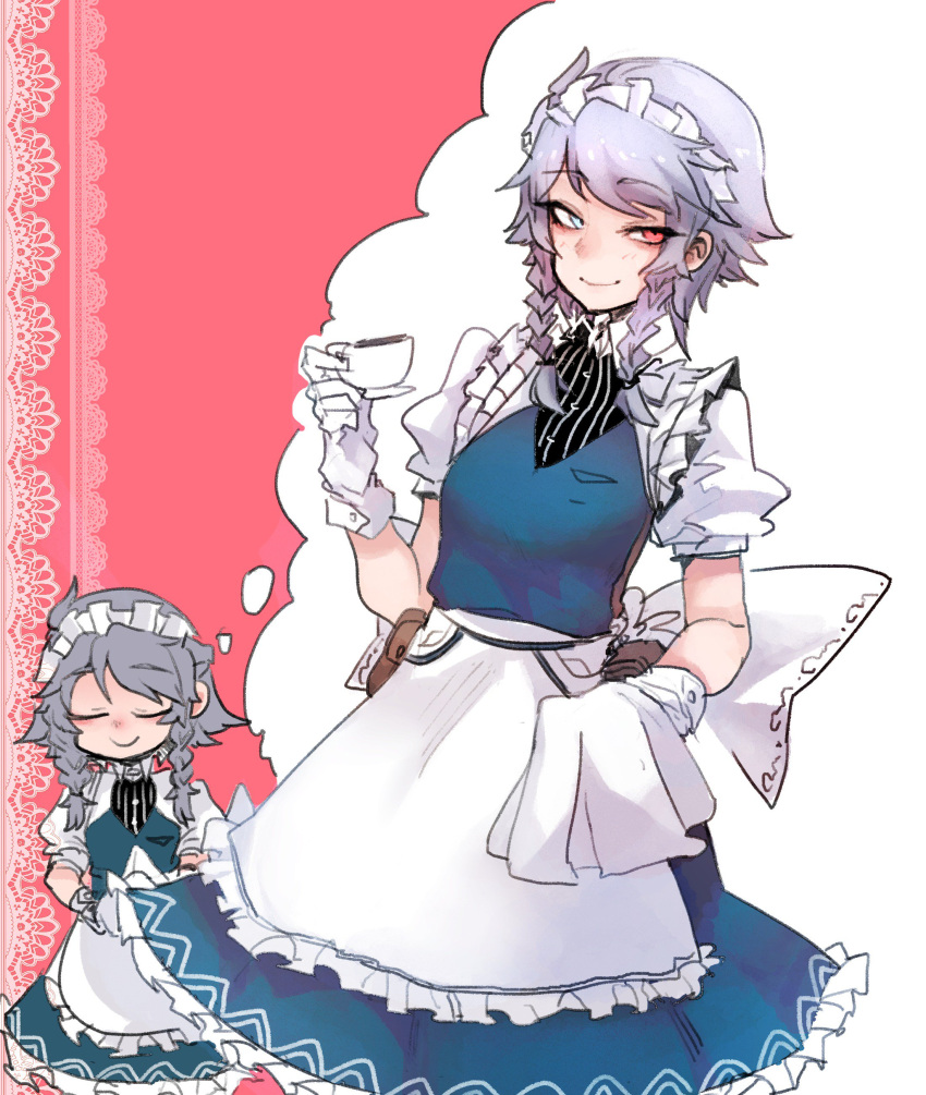 1girl absurdres apron bangs blue_eyes blush braid breasts buttons closed_mouth collared_shirt cup english_commentary frilled_apron frills gloves heterochromia highres holding holding_cup izayoi_sakuya lace_background maid maid_apron maid_headdress medium_breasts nyong_nyong pink_background pouch puffy_short_sleeves puffy_sleeves red_eyes shirt short_sleeves sidelocks silver_hair smile smug solo standing teacup thinking thought_bubble touhou twin_braids waist_apron white_apron white_gloves white_shirt wing_collar wrist_cuffs