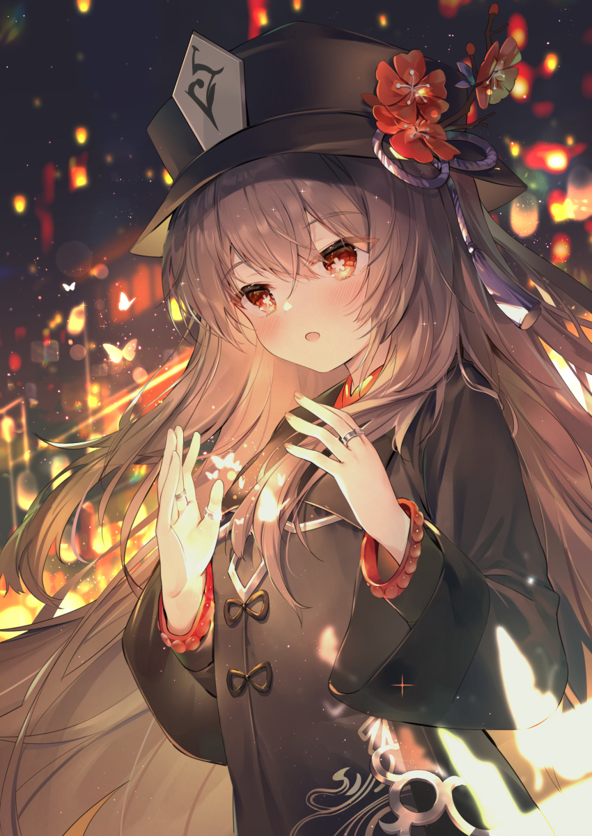 1girl absurdres bangs black_coat black_headwear blush breasts brown_hair chen_bin coat coattails flower genshin_impact hat hat_flower highres hu_tao_(genshin_impact) long_hair long_sleeves looking_at_viewer plum_blossoms red_eyes small_breasts symbol-shaped_pupils twintails very_long_hair