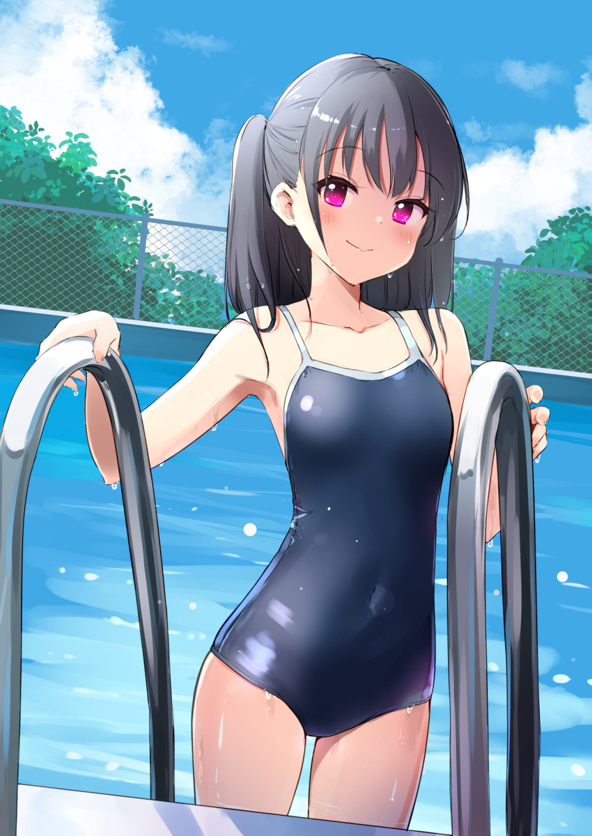 1girl bangs black_hair blue_swimsuit breasts chain-link_fence collarbone competition_school_swimsuit covered_navel cowboy_shot day dripping dutch_angle eyebrows_visible_through_hair fence hands_up haoriya_chie_(minidraco) highres looking_at_viewer minidraco one-piece_swimsuit one_side_up original outdoors pool pool_ladder school_swimsuit shiny shiny_clothes single_sidelock small_breasts smile solo swimsuit violet_eyes water wet