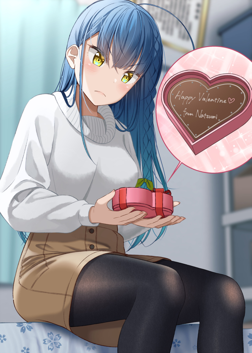 &gt;:( 1girl ahoge bangs black_legwear blue_hair blurry blurry_background blush box braid breasts brown_skirt candy character_name chocolate closed_mouth commentary_request curtains depth_of_field english_text eyebrows_visible_through_hair feet_out_of_frame food frown gift gift_box gurande_(g-size) hair_between_eyes hair_ribbon happy_valentine heart heart-shaped_box heart-shaped_chocolate highres holding holding_gift indoors long_hair medium_breasts on_bed original pantyhose ribbon sitting sitting_on_bed skirt solo sweater turtleneck turtleneck_sweater v-shaped_eyebrows very_long_hair white_sweater yellow_eyes yellow_ribbon
