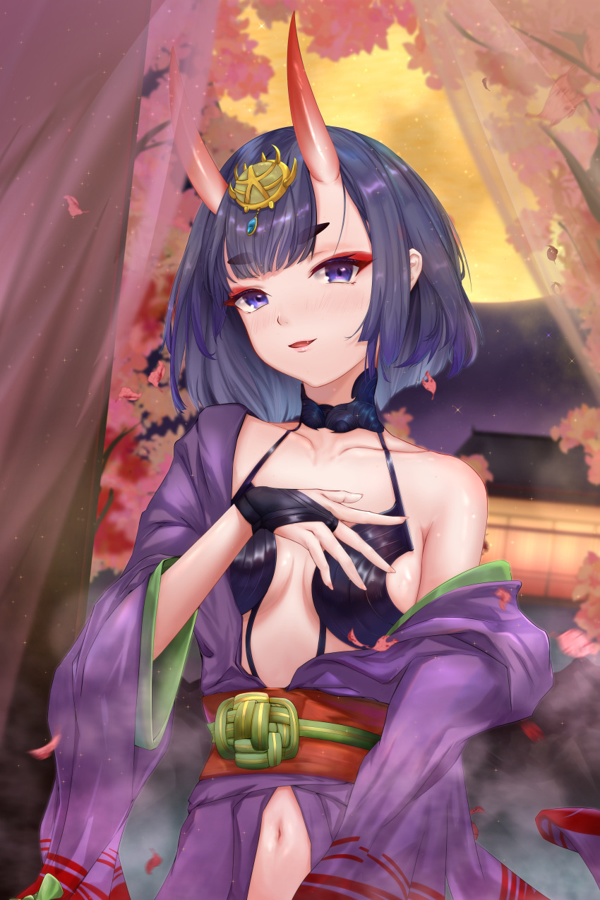 1girl absurdres bangs bare_shoulders blush bob_cut breasts bridal_gauntlets collarbone eyeliner fate/grand_order fate_(series) headpiece highres horns japanese_clothes kimono long_sleeves looking_at_viewer makeup navel obi oni oni_horns parted_lips purple_hair purple_kimono reashes_(xjfly_j) revealing_clothes sash short_hair shuten_douji_(fate) skin-covered_horns small_breasts smile solo violet_eyes wide_sleeves