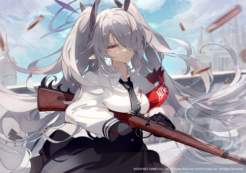 1girl armband bangs black_gloves black_necktie black_skirt blue_archive blush bolt_action breasts commentary_request dark-skinned_female dark_skin demon_tail gloves gun hair_over_one_eye hair_ribbon halo holding holding_gun holding_weapon iori_(blue_archive) kodamazon long_hair looking_at_viewer necktie official_art one_eye_covered outdoors pointy_ears red_eyes ribbon rifle shell_casing silver_hair skirt sniper_rifle solo tail twintails very_long_hair weapon