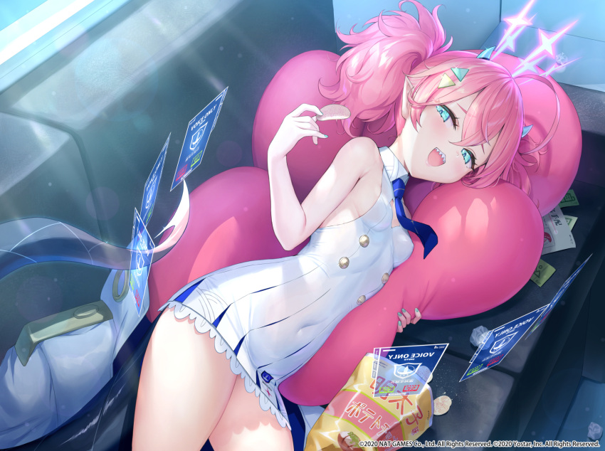 1girl ahoge aqua_eyes bag bangs blue_archive blue_necktie blush breasts chips couch covered_navel dress eyelashes food hair_between_eyes hair_ornament halo highres holding holding_food holographic_interface horns looking_at_viewer lying matanonki momoka_(blue_archive) necktie official_art on_side open_mouth pointy_ears potato_chips sharp_teeth short_dress small_breasts solo tail teeth twintails