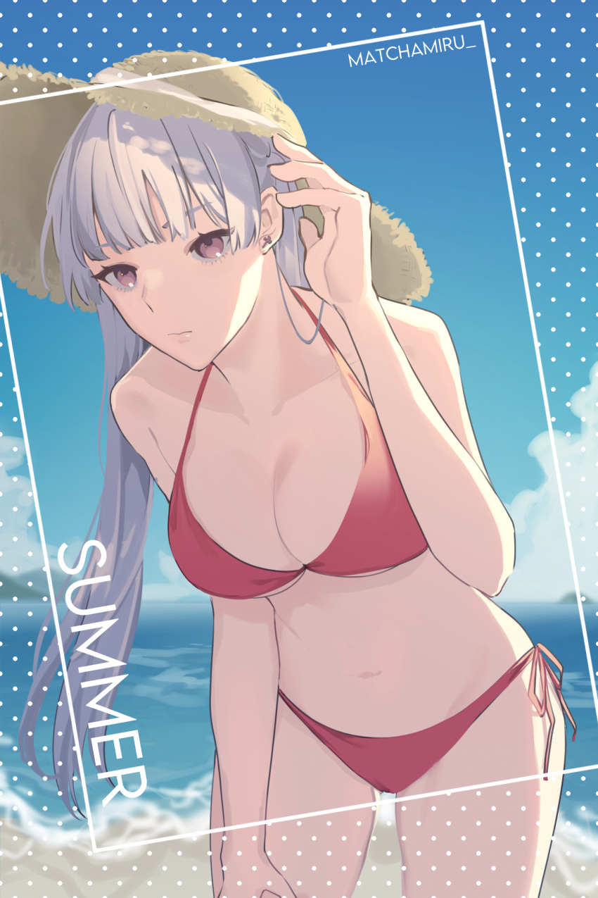 1girl bangs bare_arms bare_shoulders bikini black_clover blue_sky breasts clouds commentary cowboy_shot day grey_eyes hand_up hat highres large_breasts long_hair looking_at_viewer navel noelle_silva nyuu_(nu) outdoors red_bikini side-tie_bikini silver_hair sky solo standing stomach sun_hat swimsuit thighs