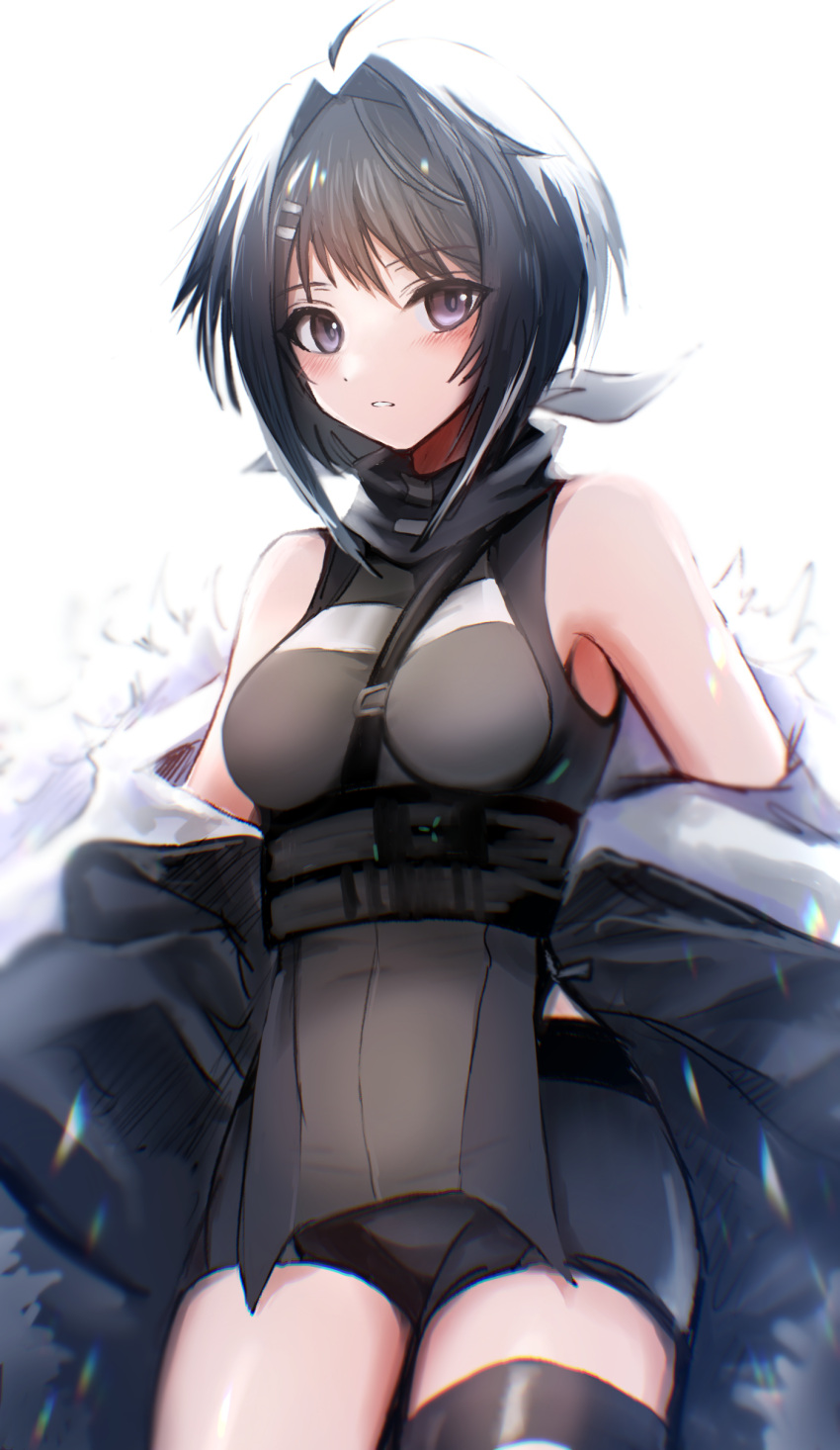1girl 3_(sanyako1) absurdres ahoge arknights bangs bare_shoulders between_breasts black_coat black_hair black_legwear black_shorts blush breasts coat commentary_request cowboy_shot eyebrows_visible_through_hair gradient gradient_background hair_intakes highres la_pluma_(arknights) long_sleeves looking_at_viewer medium_breasts off_shoulder open_clothes open_coat parted_lips short_hair short_shorts shorts single_thighhigh solo thigh-highs underbust violet_eyes white_background