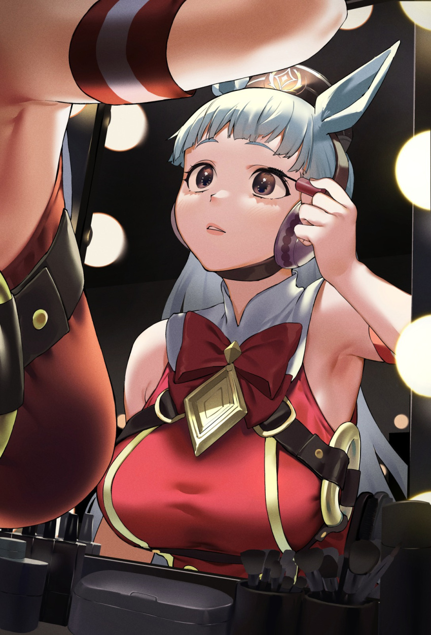 1girl animal_ears applying_makeup arm_at_side arm_strap armpits bangs bare_shoulders black_eyes blunt_bangs bow bowtie breasts brown_headwear commentary_request cosmetics dutch_angle ear_covers gold_ship_(umamusume) hand_up highres holding horse_ears horse_girl indoors kitou_sakeru large_breasts light_blush long_hair looking_at_mirror makeup_brush mascara_wand mirror o-ring parted_lips pillbox_hat red_bow red_bowtie red_shirt reflection shirt silver_hair sleeveless sleeveless_shirt solo umamusume upper_body