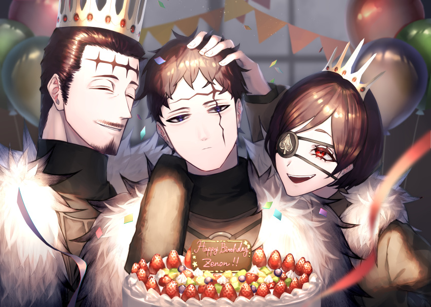 1girl 2boys :d ^_^ absurdres arm_around_shoulder balloon bangs birthday black_clover black_hair black_shirt blue_eyes blurry blurry_background blurry_foreground cake character_name chest_strap closed_eyes confetti crown dante_zogratis depth_of_field english_text expressionless eyepatch facial_hair facial_mark food frit_2 fruit fur_coat fur_collar gem goatee green_eyes hair_behind_ear hair_slicked_back hand_in_another's_hair hand_on_another's_head happy_birthday head_on_another's_shoulder high_collar highres insignia long_bangs looking_at_another looking_at_viewer multiple_boys mustache o-ring open_mouth parted_bangs parted_lips party red_eyes shirt short_hair sideburns smile spade_(shape) strawberry streamers string_of_flags tiara vanica_zogratis zenon_zogratis