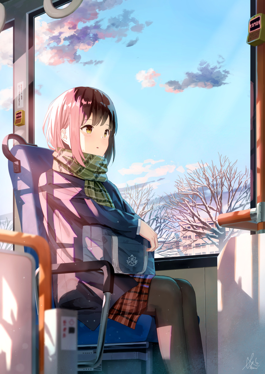 1girl absurdres bag bangs black_hair black_legwear blue_coat blue_sky brown_eyes building bus_interior clouds coat commentary_request day green_scarf highres open_mouth original pantyhose plaid plaid_skirt red_skirt scarf scenery school_bag school_uniform shurock sidelocks signature sitting skirt sky solo sunlight tree window winter_clothes