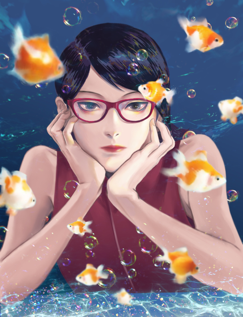 1girl absurdres black_hair boruto:_naruto_next_generations bubble commentary english_commentary fish glasses goldfish hands_on_own_face highres looking_at_viewer macubov naruto_(series) red-framed_eyewear short_hair solo_focus uchiha_sarada