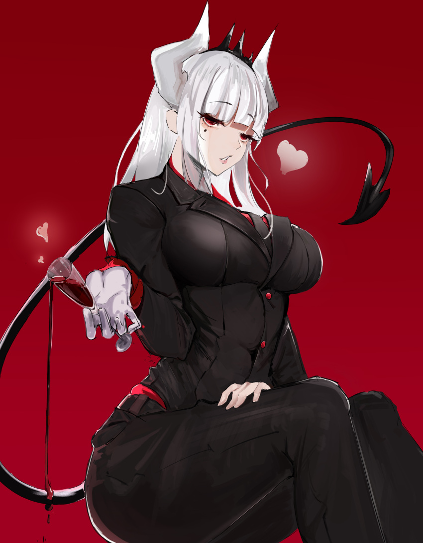 1girl absurdres alcohol bangs black_necktie black_neckwear black_panties black_suit blunt_bangs breasts cup demon_girl demon_horns demon_tail drinking_glass eyebrows_visible_through_hair formal from_side gloves half-closed_eyes heart helltaker highres holding holding_cup horns invisible_chair large_breasts long_hair looking_at_viewer lucifer_(helltaker) mole mole_under_eye necktie panties parted_lips pouring red_background red_eyes red_shirt shirt sidelocks simple_background sitting solo suit_jacket tail tiara underwear user_gtwm3382 white_gloves white_hair wine_glass