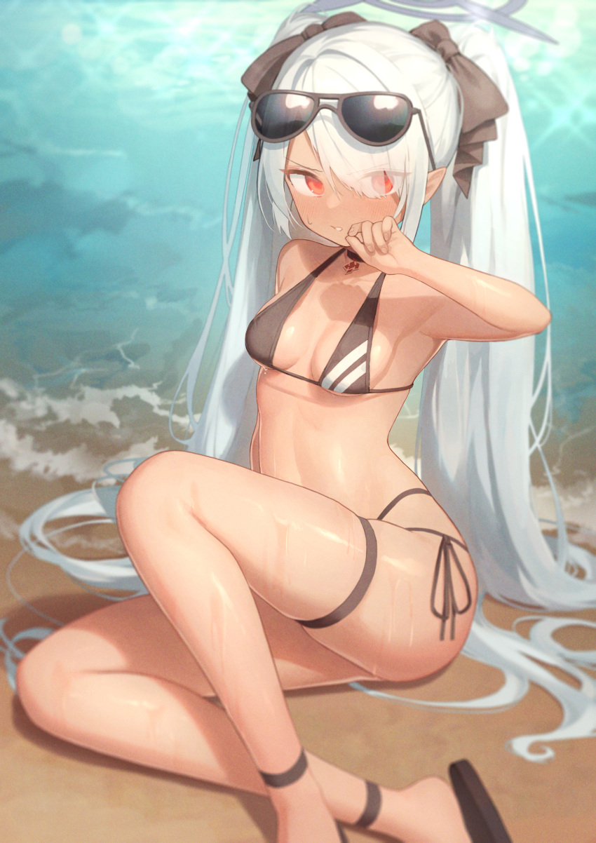 1girl absurdres beach bikini black_bikini black_bow black_choker blue_archive blush bow breasts choker doribae eyes_visible_through_hair eyewear_on_head hair_bow highres iori_(blue_archive) jewelry knee_up long_hair looking_at_viewer necklace one_eye_covered pointy_ears red_eyes sandals side-tie_bikini silver_hair sitting small_breasts solo string_bikini sunglasses sweatdrop swimsuit thigh_strap twintails very_long_hair water wet