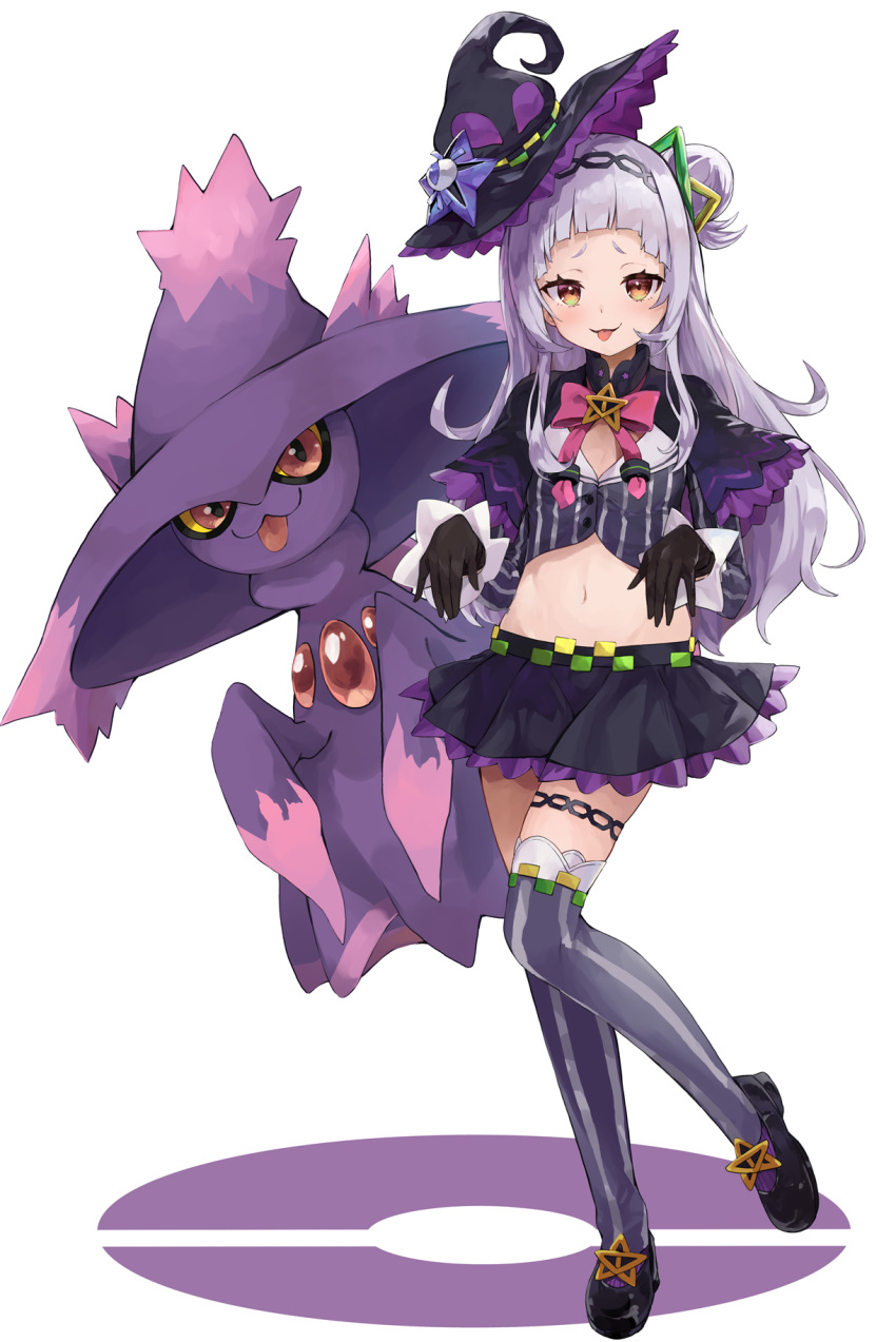 1girl :p black_hairband black_skirt blush bow bowtie brown_eyes brown_gloves capelet character_request commentary_request crop_top gloves hair_bun hair_ornament hairband hat highres hololive konkito long_hair midriff miniskirt murasaki_shion pink_bow pink_bowtie pokemon pokemon_(creature) purple_capelet shirt shoes short_eyebrows silver_hair skirt smile standing striped striped_legwear striped_shirt thigh-highs tilted_headwear tongue tongue_out vertical-striped_legwear vertical-striped_shirt vertical_stripes virtual_youtuber witch_hat
