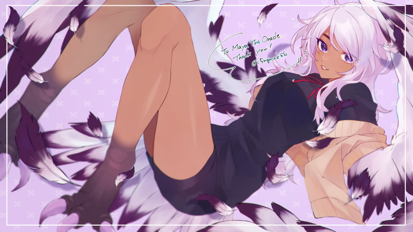 1girl 5ngmxb56 bird_legs commentary dark-skinned_female dark_skin english_commentary feathers gradient gradient_wings harpy highres indie_virtual_youtuber jacket long_hair looking_at_viewer maya_the_harpy monster_girl multicolored_wings parted_lips purple_feathers purple_wings romper second-party_source solo talons thank_you twitter_username violet_eyes virtual_youtuber white_feathers white_hair white_wings wings