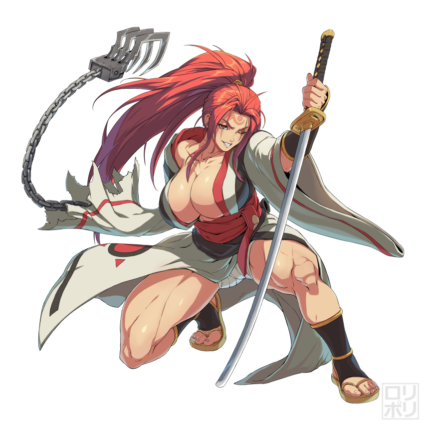 absurdres amputee baiken black_kimono breasts claw_(weapon) derivative_work facial_tattoo guilty_gear guilty_gear_strive guilty_gear_xx highres jamrolypoly japanese_clothes katana kimono large_breasts multicolored_clothes multicolored_kimono muscular muscular_female one-eyed pink_hair ponytail red_eyes samurai sandals sash scar scar_across_eye scar_on_face sword tattoo toes weapon white_kimono