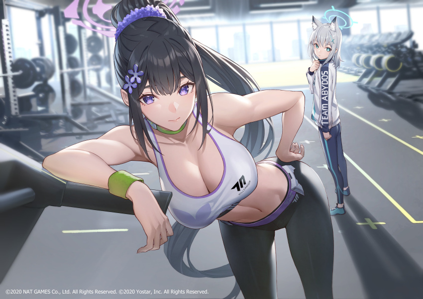 2girls armband black_hair blue_archive blue_eyes cat_ears copyright_name gym hands_on_hips indoors jacket looking_at_viewer official_art ponytail purple_eyes shiroko_(blue_archive) sports_bra sportswear sumire_(blue_archive) treadmill white_hair wide_shot