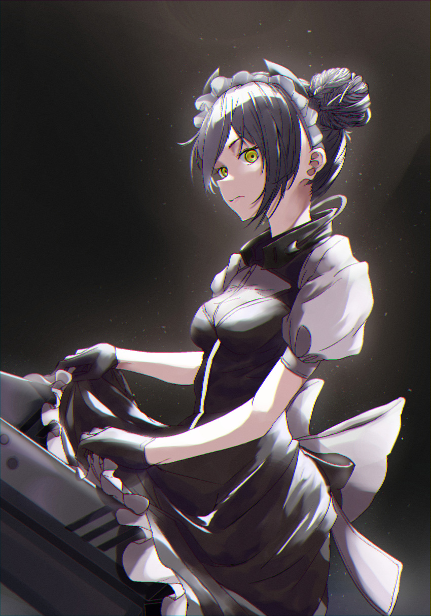 1girl agent_(girls'_frontline) asymmetrical_hair bangs black_dress black_gloves black_hair bow breasts clothes_lift double_bun dress frilled_dress frills girls_frontline gloves gun hair_between_eyes highres horns light_particles looking_at_viewer maid maid_headdress moruhinesan puffy_short_sleeves puffy_sleeves sangvis_ferri shirt short_sleeves simple_background solo weapon white_bow white_shirt yellow_eyes