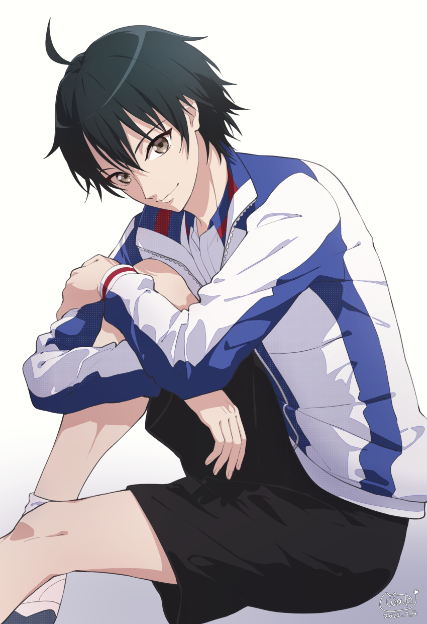 1boy absurdres ahoge bangs black_hair black_shorts brown_eyes closed_mouth commentary_request echizen_ryooma eyebrows_visible_through_hair feet_out_of_frame hair_between_eyes highres hugging_own_legs jacket knee_up long_sleeves looking_at_viewer male_focus neki_(wakiko) shoes short_shorts shorts sitting smile socks solo tennis_no_ouji-sama white_background white_footwear white_jacket white_legwear