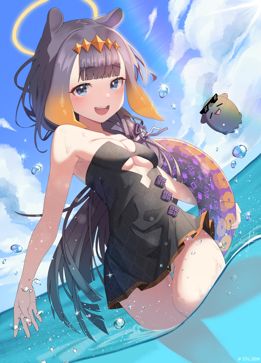 1girl absurdres blue_eyes blush breasts caustics clouds day diamond_hairband dress eyewear_on_head halo highres hololive hololive_english long_hair looking_at_viewer ninomae_ina'nis open_mouth outdoors panties purple_hair sky small_breasts smile strapless strapless_dress sunglasses tako_(ninomae_ina'nis) tentacle_hair tube tube_dress underwear very_long_hair virtual_youtuber wading water water_drop waves wet white_panties