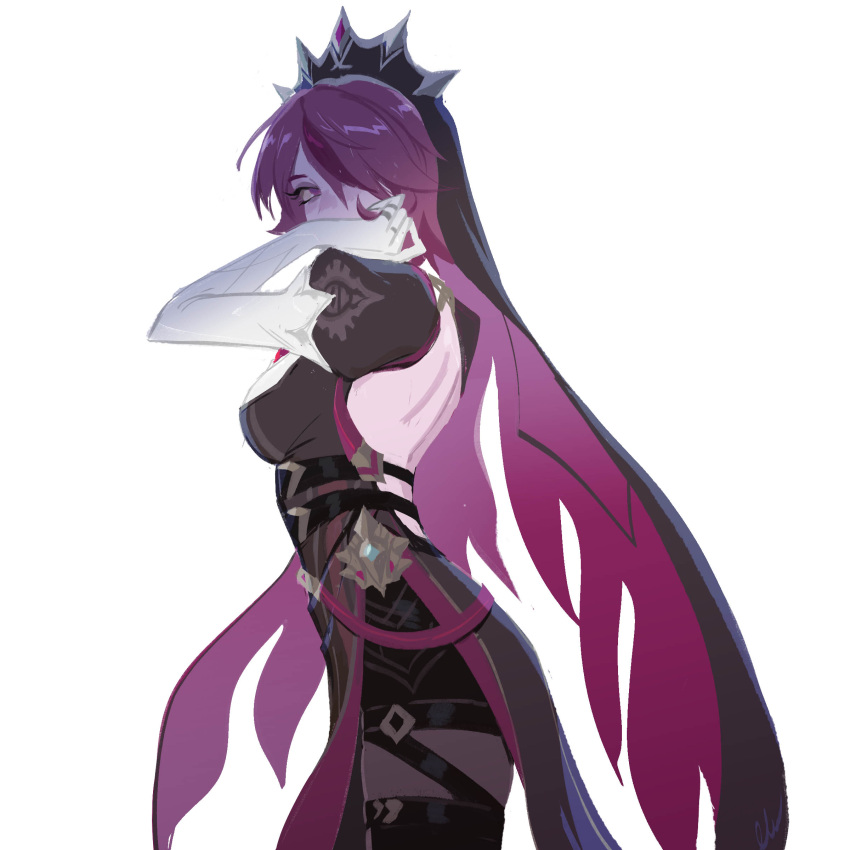 1girl absurdres backless_dress backless_outfit black_dress che_(kure_py) commentary dress english_commentary genshin_impact gloves highres official_alternate_costume purple_hair redesign rosaria_(genshin_impact) rosaria_(to_the_church's_free_spirit)_(genshin_impact) short_hair simple_background solo violet_eyes white_background white_gloves