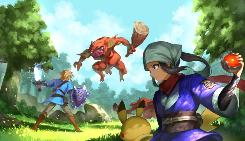 1boy 1girl akari_(pokemon) black_hair blue_tunic boots brown_footwear brown_sash character_request closed_mouth clouds commentary_request crossover danryoku_(ucrh3525) day grass grey_headwear hand_up head_scarf holding holding_club holding_poke_ball holding_shield holding_sword holding_weapon jacket leaves_in_wind link long_hair master_sword outdoors pants pikachu poke_ball poke_ball_(legends) pokemon pokemon_(creature) pokemon_(game) pokemon_legends:_arceus ponytail purple_jacket sash shield shirt sidelocks sky standing sword the_legend_of_zelda the_legend_of_zelda:_breath_of_the_wild tree weapon