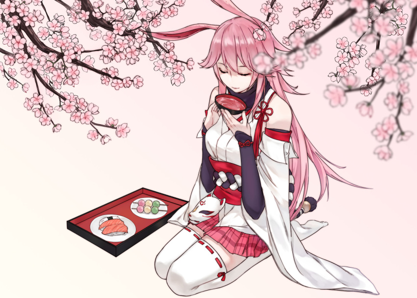 1girl animal_ears bai_lan_gen(1845106313) bangs bare_shoulders blurry blurry_foreground branch cherry_blossoms closed_eyes closed_mouth cup dango food fox_ears fox_mask full_body highres holding holding_cup honkai_(series) honkai_impact_3rd japanese_clothes kimono long_hair mask miko no_shoes pink_background pink_hair pink_skirt plate sashimi seiza sitting skirt soles solo tray wagashi water white_kimono white_legwear white_sleeves yae_sakura yae_sakura_(gyakushinn_miko)