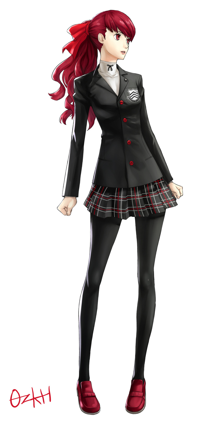 1girl absurdres artist_name bangs black_bow black_bowtie black_jacket black_legwear bow bowtie buttons clenched_hands hair_between_eyes hair_bow highres jacket leggings lips long_hair long_sleeves looking_at_viewer looking_to_the_side miniskirt open_mouth ozkh persona persona_5 persona_5_the_royal pink_lips pocket ponytail red_bow red_eyes red_footwear redhead school_uniform shirt shuujin_academy_uniform simple_background skirt solo teeth thigh-highs uniform wavy_hair white_background white_shirt yoshizawa_kasumi