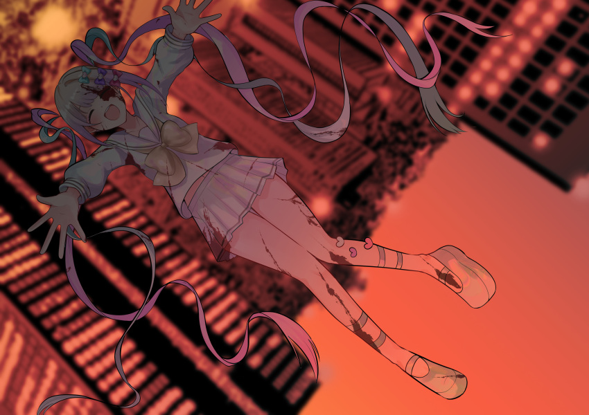 1girl blood blood_on_face blood_stain blue_hair blush bow building chouzetsusaikawa_tenshi-chan closed_eyes commentary_request falling full_body gradient_hair highres large_bow long_hair mekakuri_(otacon250) multicolored_hair needy_girl_overdose open_mouth orange_sky outstretched_arms pink_hair platform_footwear pleated_skirt purple_hair sailor_collar school_uniform serafuku skirt sky smile solo twilight twintails very_long_hair white_hair