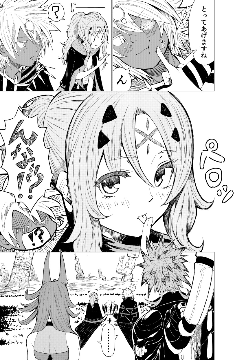 2boys 2girls absurdres ahoge animal_ears badominton bangs bare_shoulders blush cape dogmatika_ecclesia_the_virtuous duel_monster facial_mark fallen_of_albaz finger_to_another's_cheek forehead_mark greyscale highres incredible_ecclesia_the_virtuous licking licking_finger long_hair monochrome multiple_boys multiple_girls ponytail short_hair spiky_hair translation_request tri-brigade_ferrijit_the_barren_blossom tri-brigade_shuraig_the_ominous_omen yu-gi-oh!