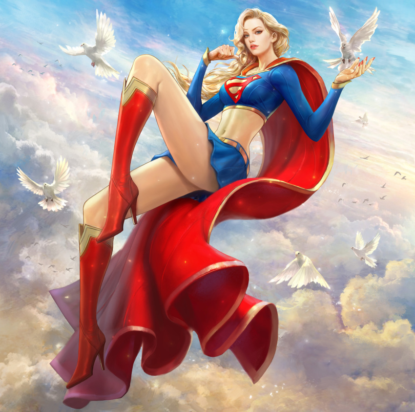 1girl absurdres animal bangs belt bird blonde_hair blue_eyes blue_sky boots breasts cape clouds cloudy_sky commentary day dc_comics dove flying full_body gold_trim gradient gradient_sky hand_up highres kim_sung_hwan knee_boots lips long_hair long_sleeves looking_at_viewer medium_breasts midriff navel outdoors parted_lips red_footwear simple_background skirt sky solo stomach supergirl superman_(series)