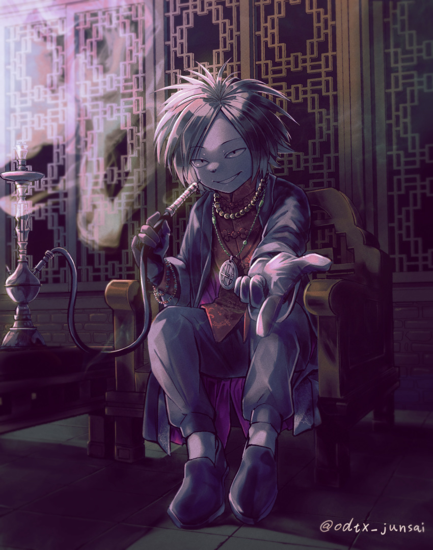 1boy artist_name bead_bracelet beads black_footwear black_gloves black_hair bracelet chair gloves highres hookah indoors jewelry junsai_(odtx) male_focus necklace odd_taxi red_vest sitting smile smoke smoking solo twitter_username vest yano_(odd_taxi)