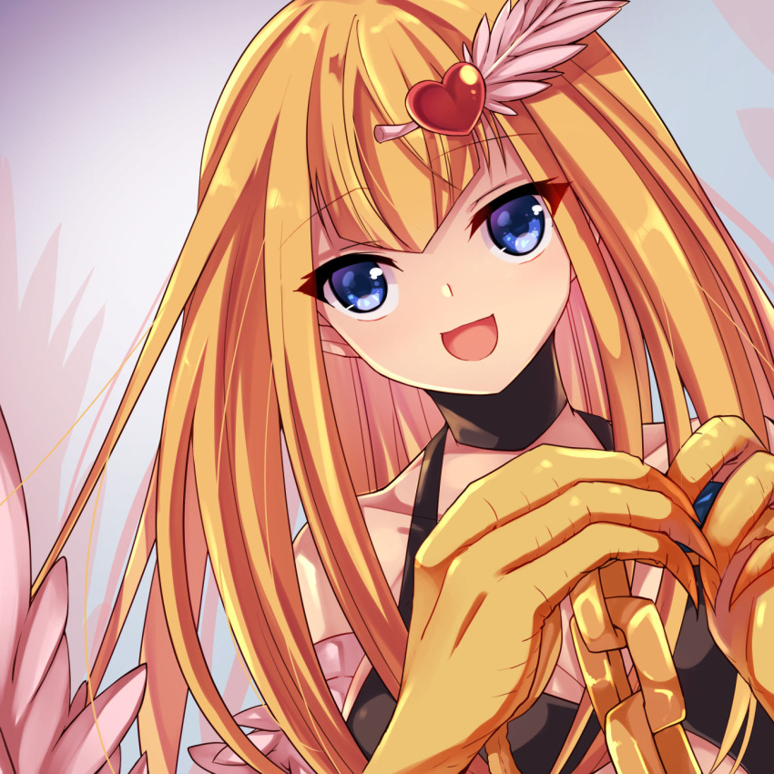 1girl bangs blonde_hair blue_eyes chain choker duel_monster eyebrows_visible_through_hair feather_hair_ornament feathered_wings feathers gold_chain hair_between_eyes hair_ornament harpie_girl harpy heart heart_hair_ornament highres holding holding_chain jyon104 monster_girl open_mouth smile solo winged_arms wings yu-gi-oh!