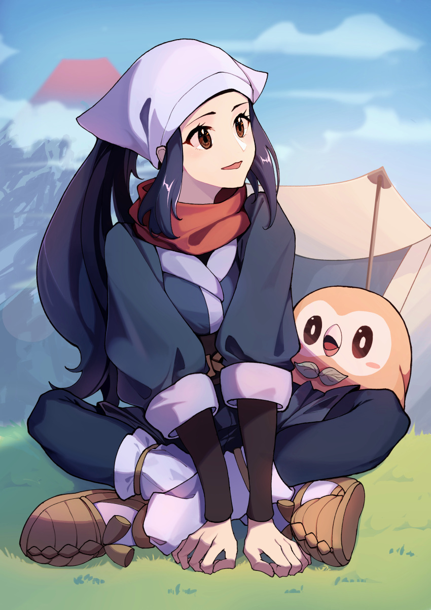 1girl absurdres akari_(pokemon) black_hair black_shirt brown_eyes brown_footwear chinese_commentary clouds commentary_request day eyelashes grass grey_jacket head_scarf highres jacket long_hair looking_to_the_side loose_socks mountain outdoors pantyhose pokemon pokemon_(creature) pokemon_(game) pokemon_legends:_arceus ponytail rowlet shiny shiny_hair shirt shoes sidelocks sitting sky smile tent white_headwear white_legwear ziranyuan