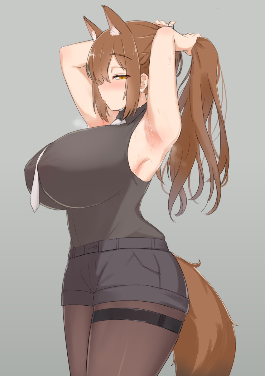 1girl absurdres animal_ear_fluff animal_ears arknights armpits arms_up bare_shoulders between_breasts black_shirt black_shorts blush braid breasts breath brown_eyes brown_hair brown_legwear collared_shirt commentary covered_nipples cowboy_shot erect_nipples eyebrows_visible_through_hair fox_ears fox_girl fox_tail franka_(arknights) french_braid grey_background hair_between_eyes hair_tie half-closed_eyes half_updo heavy_breathing highres huge_breasts impossible_clothes leginfs_(ppppriver) lips long_hair looking_at_viewer necktie necktie_between_breasts pantyhose ponytail puckered_lips shirt shirt_tucked_in short_shorts shorts simple_background skindentation sleeveless sleeveless_shirt solo steaming_body sweat tail taut_clothes taut_shirt thigh_strap tying_hair white_necktie wing_collar