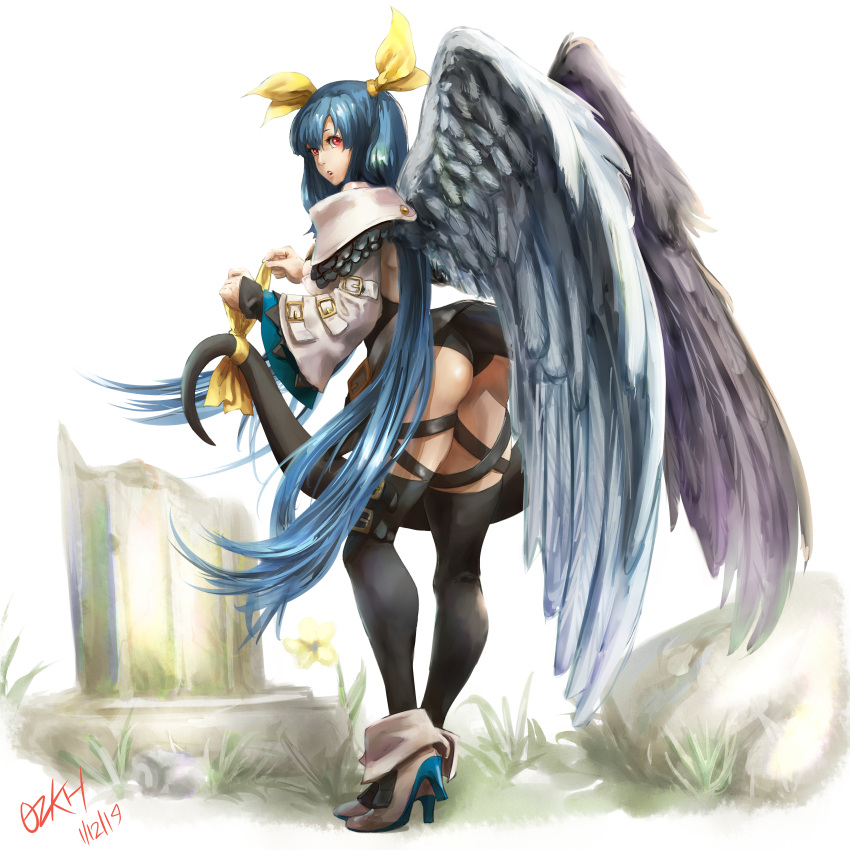 1girl absurdres adjusting_bow angel_wings artist_name ass asymmetrical_wings back bangs bare_shoulders belt black_legwear black_panties bow dated detached_sleeves dizzy_(guilty_gear) feathered_wings feathers flower grass guilty_gear guilty_gear_xrd hair_ribbon high_heels highres holding looking_at_viewer looking_back monster_girl open_mouth ozkh panties pose red_eyes ribbon signature simple_background solo tail tail_ornament tail_ribbon thigh-highs thigh_strap thighs twintails underwear white_background wide_sleeves wings