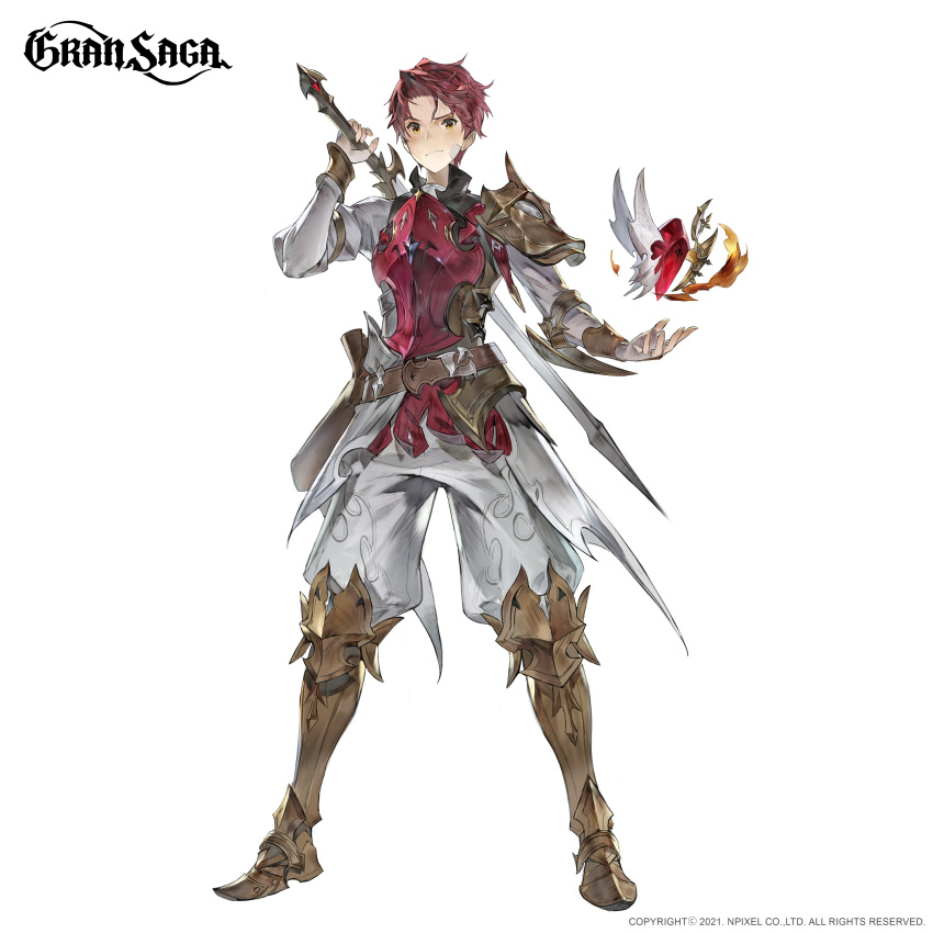 1boy 2021 absurdres arm_at_side armor armored_boots boots character_request company_name copyright floating floating_object gran_saga hand_up highres holding holding_sword holding_weapon over_shoulder pants redhead shoulder_armor simple_background sisiyong solo sword sword_over_shoulder weapon weapon_over_shoulder white_background yellow_eyes