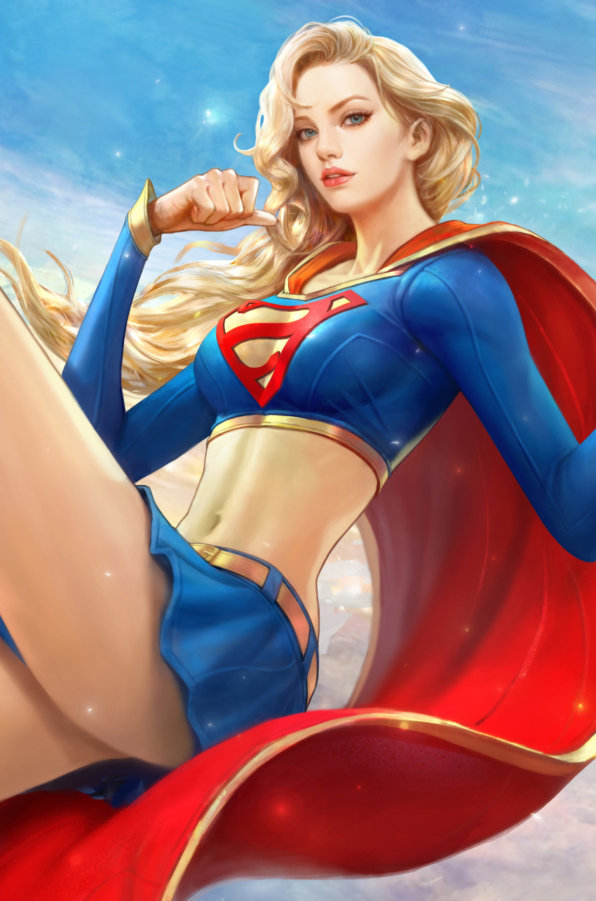 1girl absurdres bangs belt blonde_hair blue_eyes blue_skirt blue_sky breasts cape commentary day dc_comics gold_trim hand_up highres kim_sung_hwan lips long_hair long_sleeves looking_at_viewer medium_breasts midriff miniskirt navel outdoors parted_lips simple_background skirt sky solo stomach supergirl superman_(series) thighs