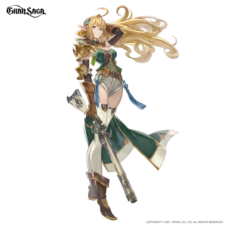 1girl 2021 absurdres aqua_eyes blonde_hair boots breasts company_name copyright floating_hair gloves gran_saga gun hand_in_hair hand_up highres holding holding_gun holding_weapon long_hair medium_breasts official_art pointy_ears shorts simple_background sisiyong solo thigh-highs weapon white_background