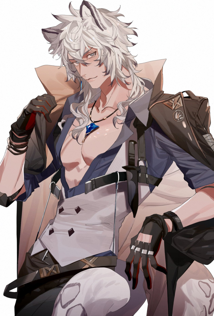 1boy animal_ears arknights belt black_gloves blue_shirt brown_coat closed_mouth coat coat_on_shoulders collarbone commentary gloves grey_eyes hand_up highres jewelry kiwo20000 leopard_ears leopard_tail long_hair looking_at_viewer male_focus necklace official_alternate_costume open_clothes open_shirt partially_unbuttoned pectorals shirt silverash_(arknights) silverash_(seeker)_(arknights) simple_background sleeves_rolled_up solo tail upper_body vest white_background white_hair white_vest
