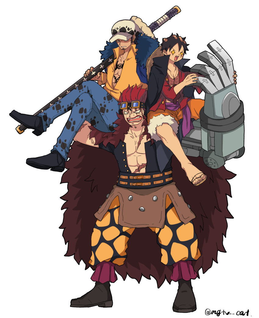 3boys absurdres annoyed black_hair cape carrying_over_shoulder crossed_legs eustass_captain_kid fur_cape hat highres holding holding_sword holding_weapon jacket jacket_on_shoulders male_focus mechanical_arms monkey_d._luffy multiple_boys ngtvcat one_piece redhead sheath sheathed single_mechanical_arm sitting_on_shoulder sword trafalgar_law weapon