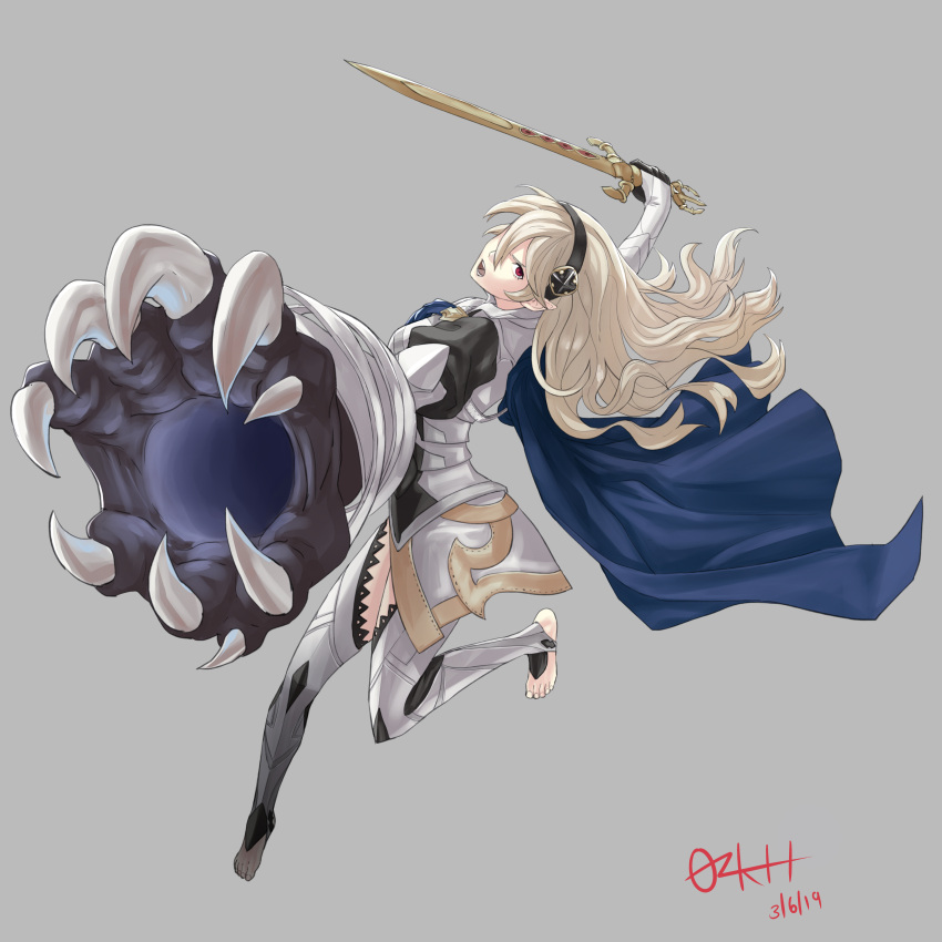 1girl absurdres armor artist_name barefoot black_gloves black_hairband blue_cape cape corrin_(fire_emblem) corrin_(fire_emblem)_(female) dated feet fire_emblem fire_emblem_fates full_body gloves hairband highres holding holding_weapon long_hair open_mouth ozkh pointy_ears red_eyes signature simple_background solo sword weapon white_background white_hair yato_(fire_emblem)