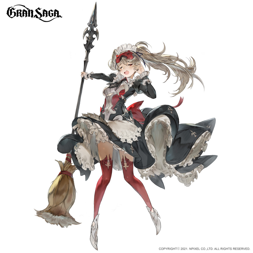 1girl 2021 absurdres broom character_request company_name copyright dress floating floating_hair gran_saga highres light_brown_hair maid_headdress midair official_art one_eye_closed open_mouth polearm red_eyes shoes simple_background sisiyong solo spear thigh-highs weapon white_background