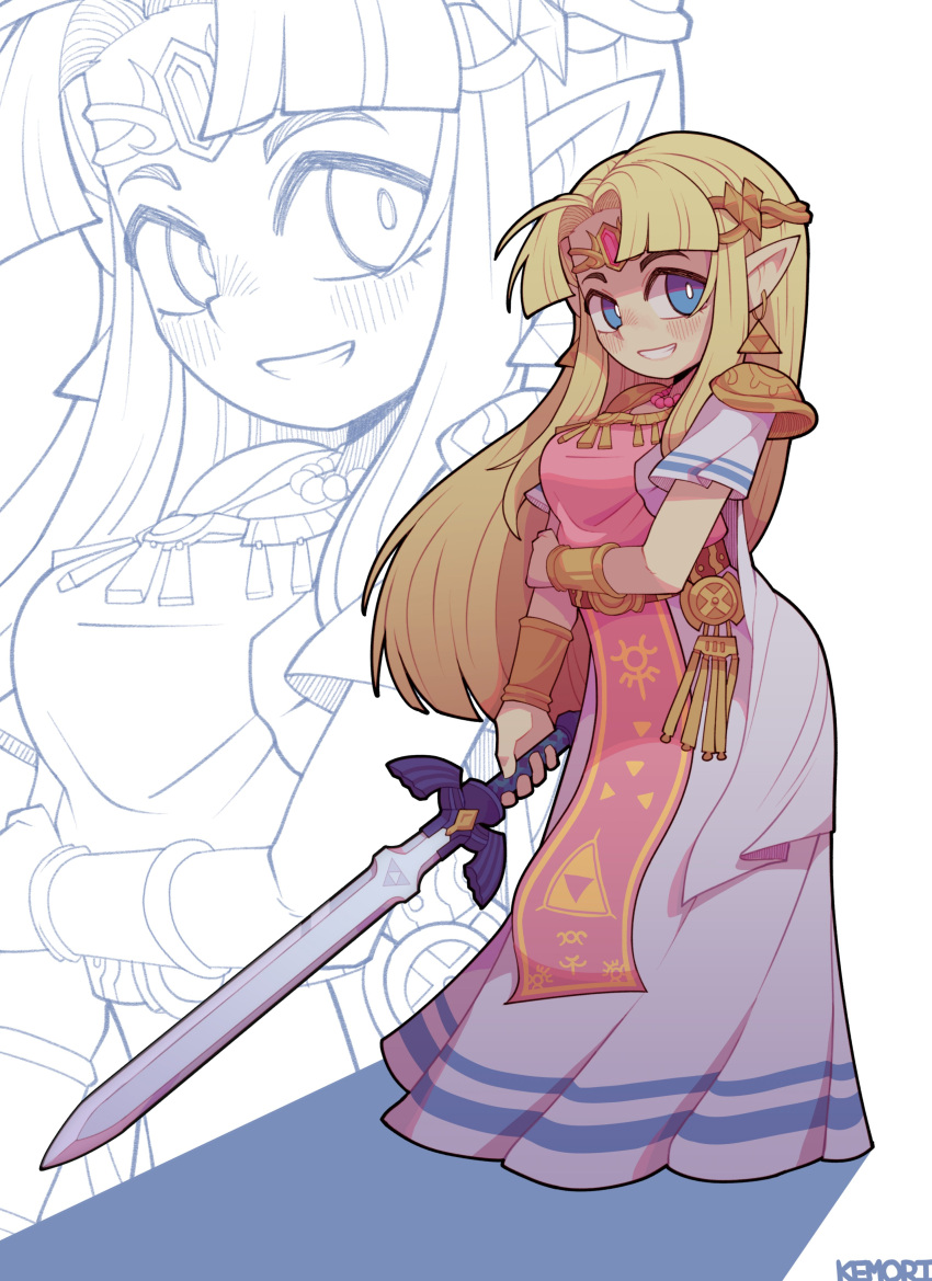 1girl 3d_background absurdres blonde_hair blue_eyes blush dress earrings full_body hair_intakes highres holding holding_sword holding_weapon jewelry kemori long_dress long_hair looking_at_viewer master_sword pointy_ears princess_zelda solo standing sword the_legend_of_zelda the_legend_of_zelda:_a_link_between_worlds triforce weapon