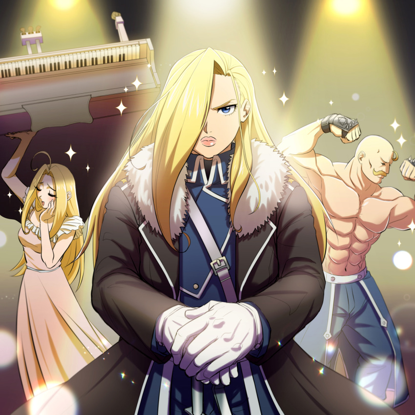 1boy 2girls abs alex_louis_armstrong bald black_coat blonde_hair blue_eyes blue_jacket blue_pants catherine_elle_armstrong closed_eyes coat collared_jacket dress facial_hair fullmetal_alchemist fur-trimmed_coat fur_trim gloves hair_intakes hair_over_one_eye hands_on_hilt highres jacket long_dress long_hair long_sleeves looking_at_viewer multiple_girls muscular muscular_male mustache olivier_mira_armstrong open_clothes open_coat pants shsh8860 sleeveless sleeveless_dress straight_hair topless white_dress white_gloves wing_collar